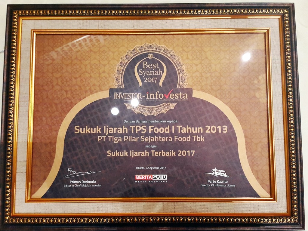 PT Tiga Pilar Sejahtera Food Tbk (TPSF) Raih Sukuk Ijarah Terbaik 2017
