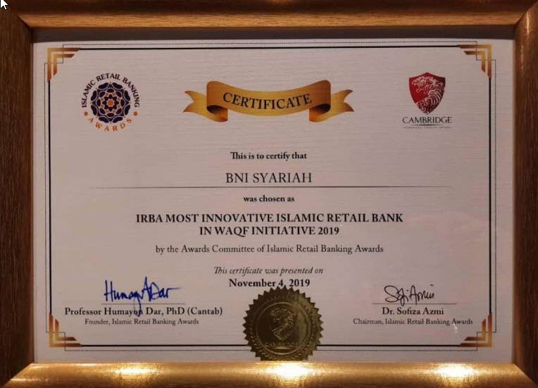 Kembangkan Platform Wakaf Hasanah, BNI Syariah Raih Most Innovative Islamic Retail Bank in Waqf Initiative 2019
